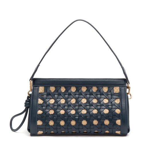 BOLSA POUCH TRESSÊ MAXI MÉDIA COURO SOFT NOITE PALHA DAMIER NATURAL