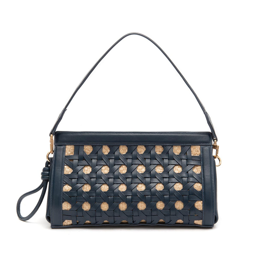 BOLSA POUCH TRESSÊ MAXI MÉDIA COURO SOFT NOITE PALHA DAMIER NATURAL