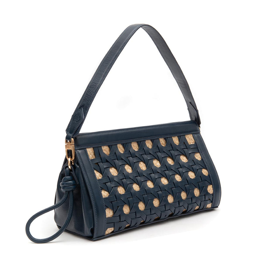 BOLSA POUCH TRESSÊ MAXI MÉDIA COURO SOFT NOITE PALHA DAMIER NATURAL