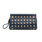 BOLSA POUCH TRESSÊ MAXI MÉDIA COURO SOFT NOITE PALHA DAMIER NATURAL