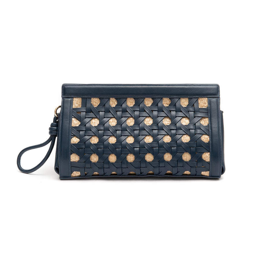 BOLSA POUCH TRESSÊ MAXI MÉDIA COURO SOFT NOITE PALHA DAMIER NATURAL