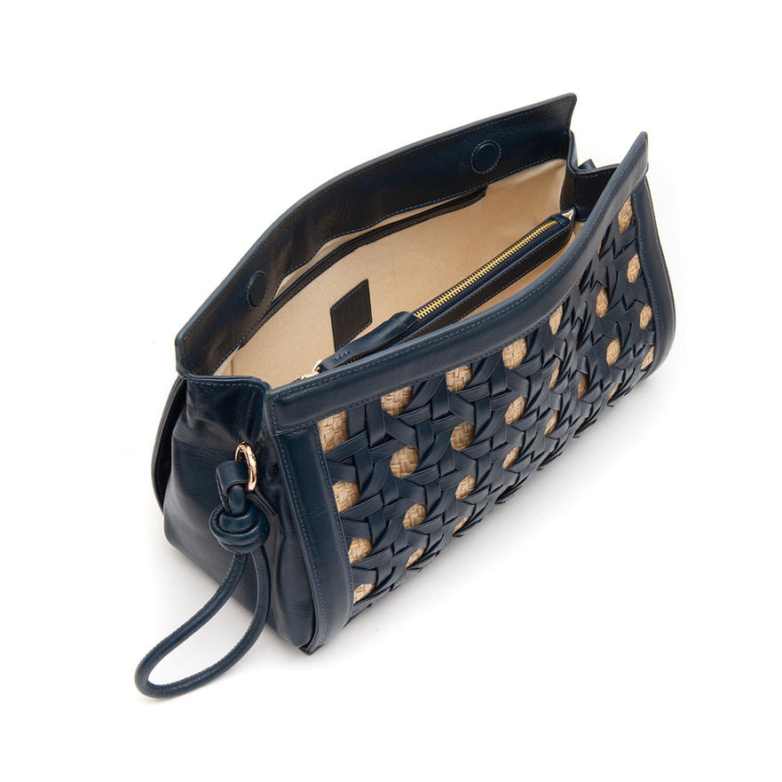 BOLSA POUCH TRESSÊ MAXI MÉDIA COURO SOFT NOITE PALHA DAMIER NATURAL