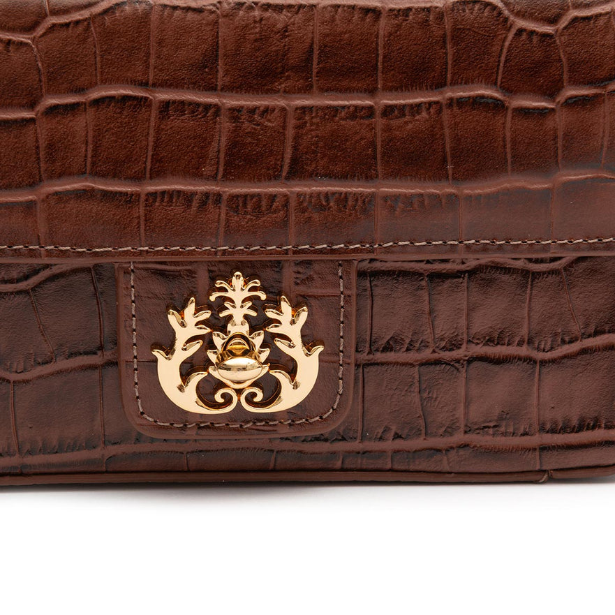 BOLSA BAGUETE ANNE PEQUENA COURO NEW CROCO PINHÃO OURO