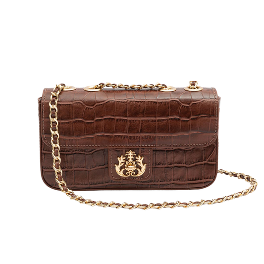 BOLSA BAGUETE ANNE PEQUENA COURO NEW CROCO PINHÃO OURO