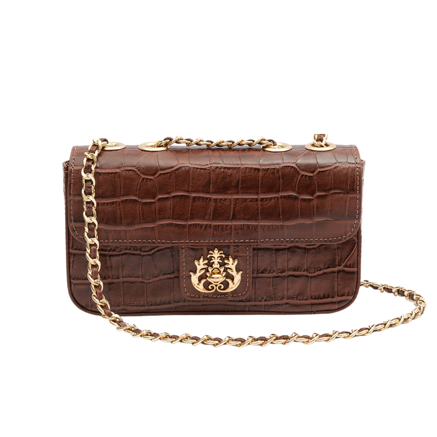 BOLSA BAGUETE ANNE PEQUENA COURO NEW CROCO PINHÃO OURO