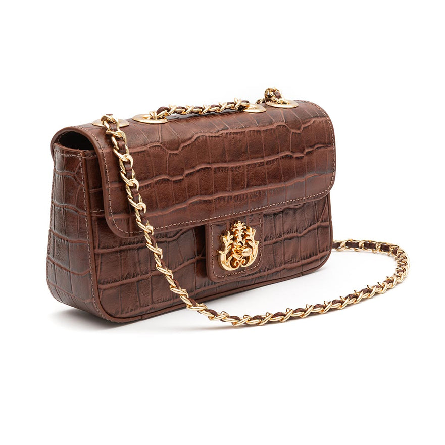 BOLSA BAGUETE ANNE PEQUENA COURO NEW CROCO PINHÃO OURO