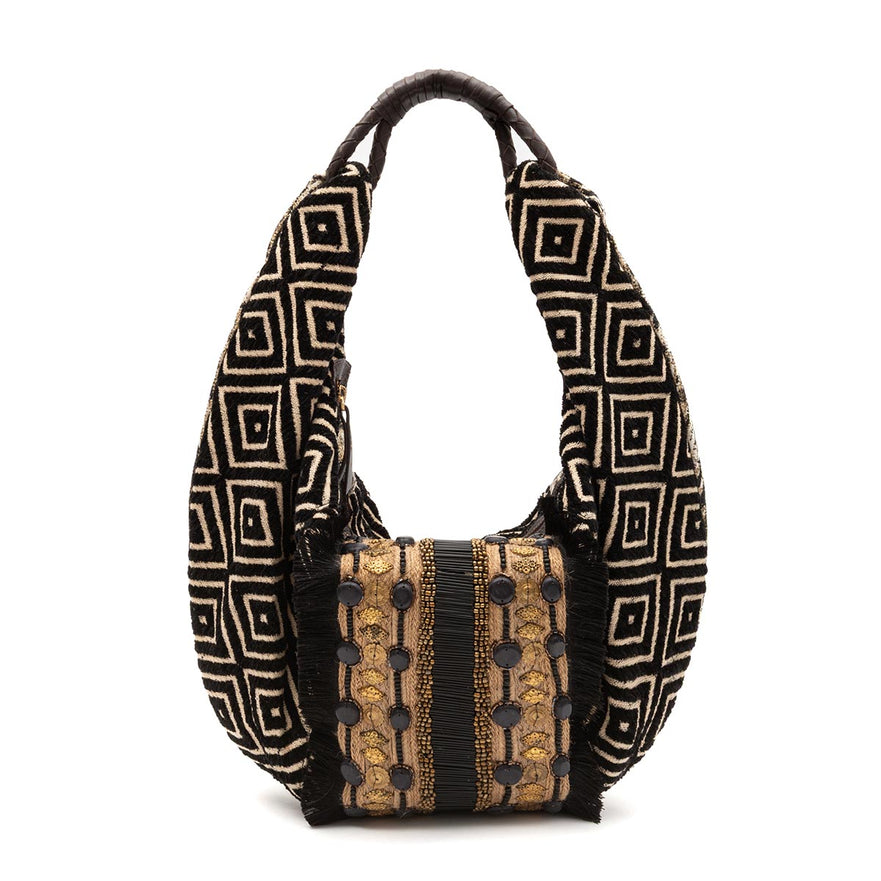 BOLSA HOBO MAXI TAPEÇARIA BORDADA PRETO