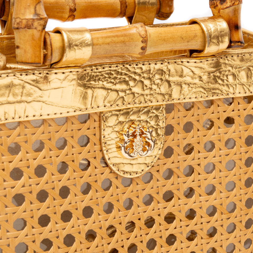 BOLSA DIANA MÉDIA EM COURO NATURAL E PALHA INDIANA NEW CROCO OURO