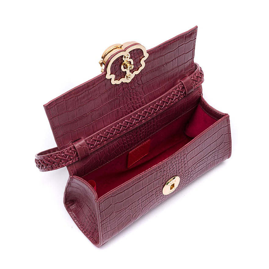 BOLSA TOP HANDLE EAST WEST NEW PEQUENA COURO CROCO BURGUNDY