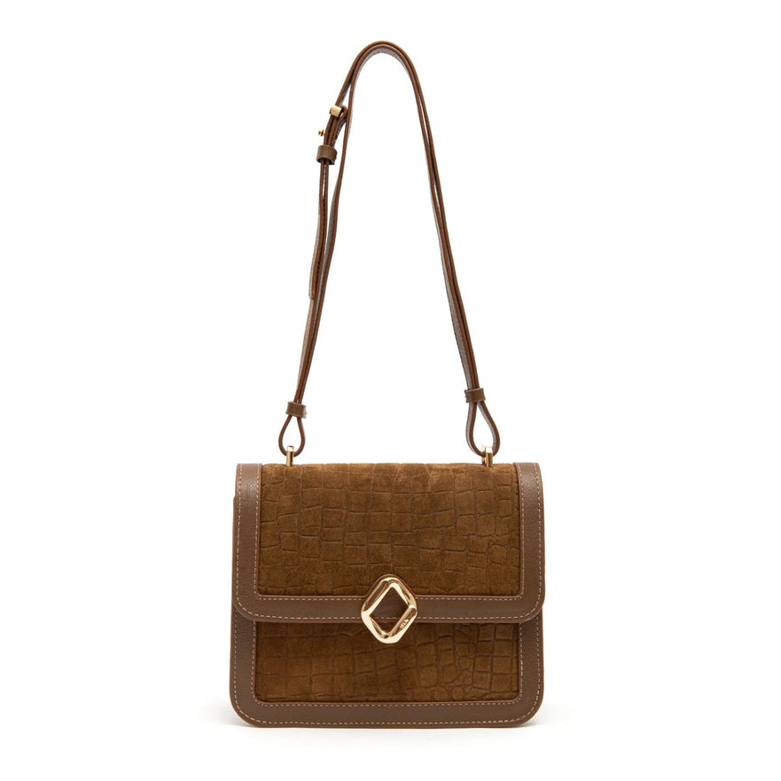 BOLSA BOX BAG AURORA MEDIA NEW CROCO MASCAVO OURO