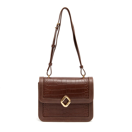 BOLSA BOX BAG AURORA MÉDIA COURO NEW CROCO BROWNIE OURO