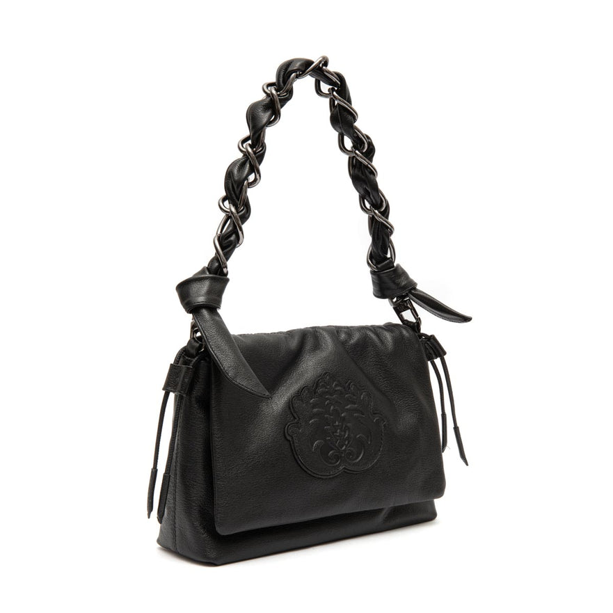 BOLSA FLAP DAYSE MEDIA  EM COURO BODAN PRETO ONIX