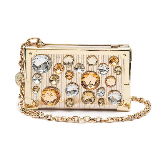 BOLSA CLUTCH  TRUNK PEQUENA METALIZADO COM CRISTAIS OURO