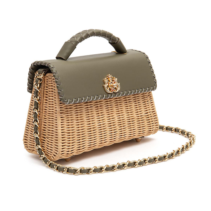 BOLSA SELENE TOP HANDLE MEDIA RATTAN E COURO AZEITE