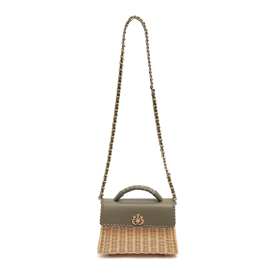 BOLSA SELENE TOP HANDLE MEDIA RATTAN E COURO AZEITE