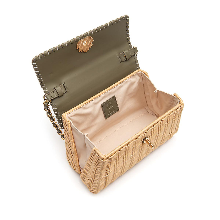 BOLSA SELENE TOP HANDLE MEDIA RATTAN E COURO AZEITE