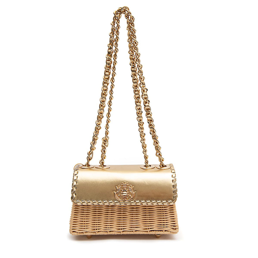 BOLSA MINI SELENE PEQUENA RATTAN COURO OURO MEL