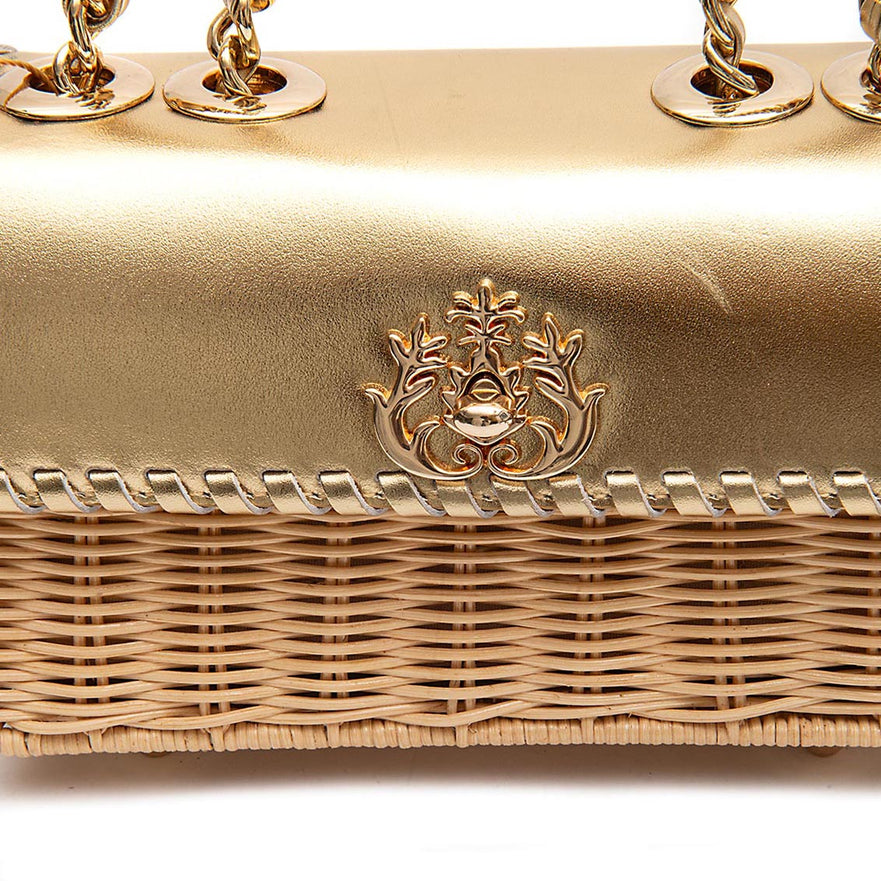 BOLSA MINI SELENE PEQUENA RATTAN COURO OURO MEL