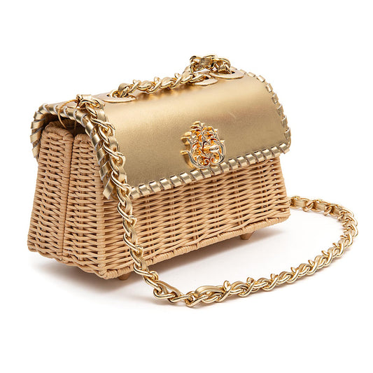 BOLSA MINI SELENE PEQUENA RATTAN COURO OURO MEL