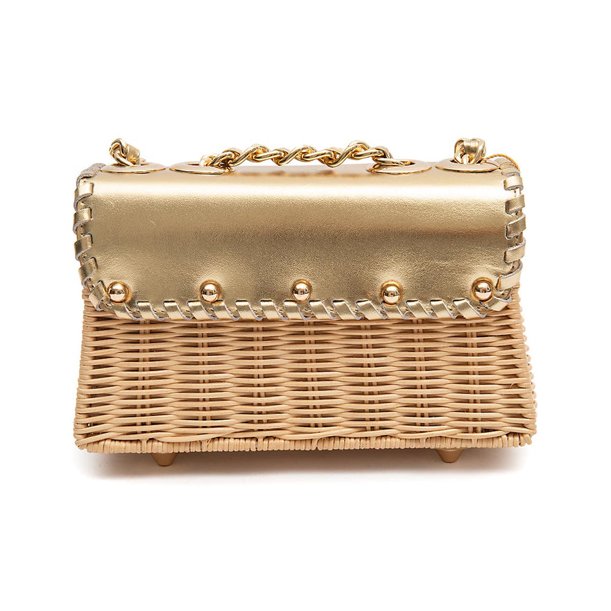 BOLSA MINI SELENE PEQUENA RATTAN COURO OURO MEL