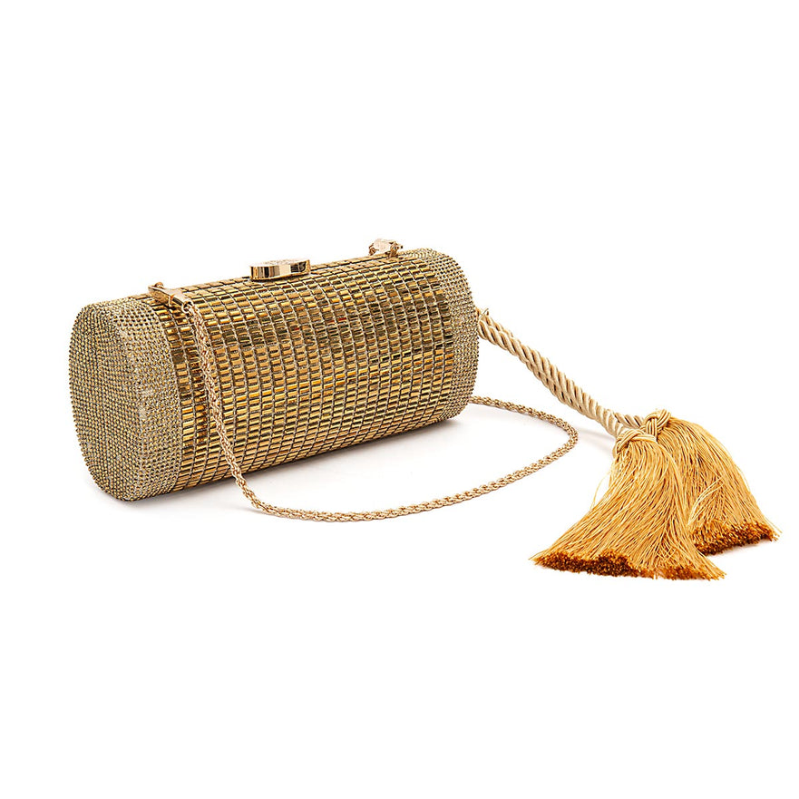 BOLSA CLUTCH CILÍNDRICA MÉDIA DE CRISTAIS OURO