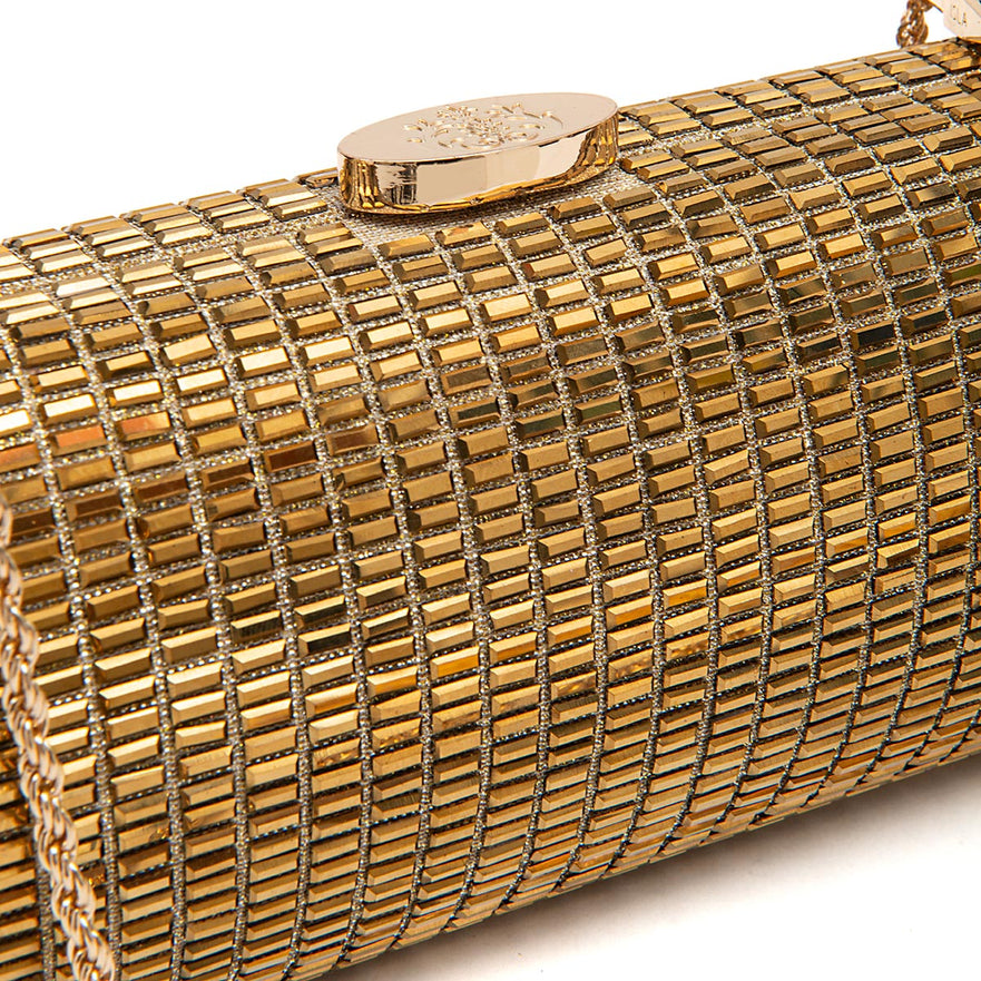 BOLSA CLUTCH CILÍNDRICA MÉDIA DE CRISTAIS OURO