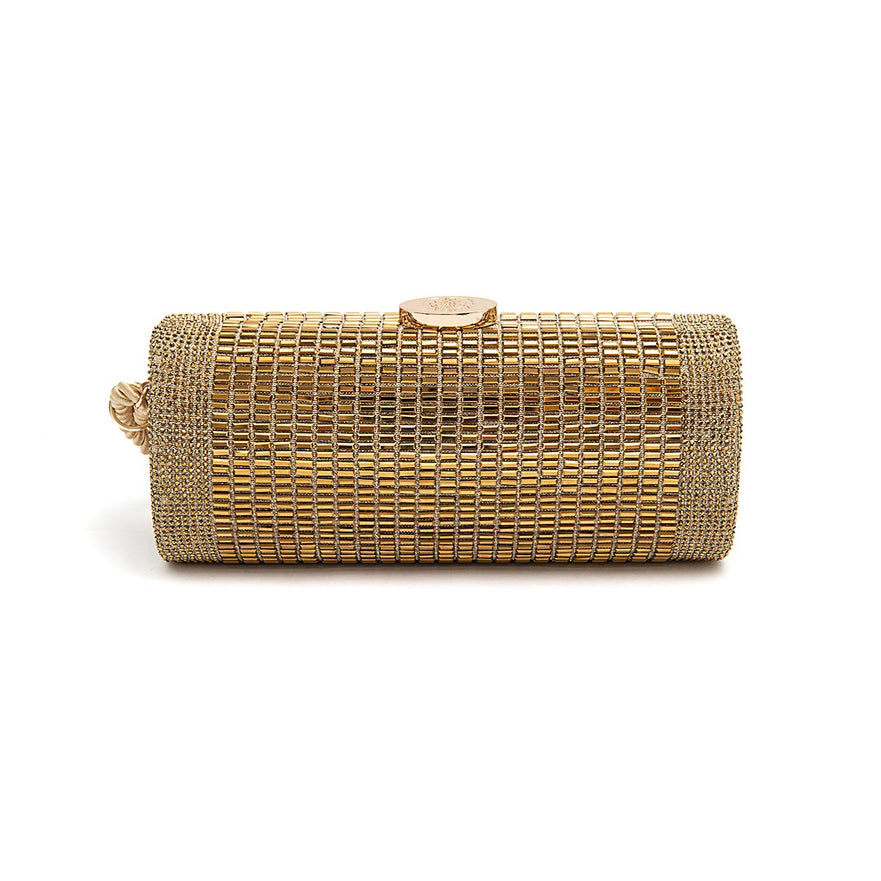 BOLSA CLUTCH CILÍNDRICA MÉDIA DE CRISTAIS OURO