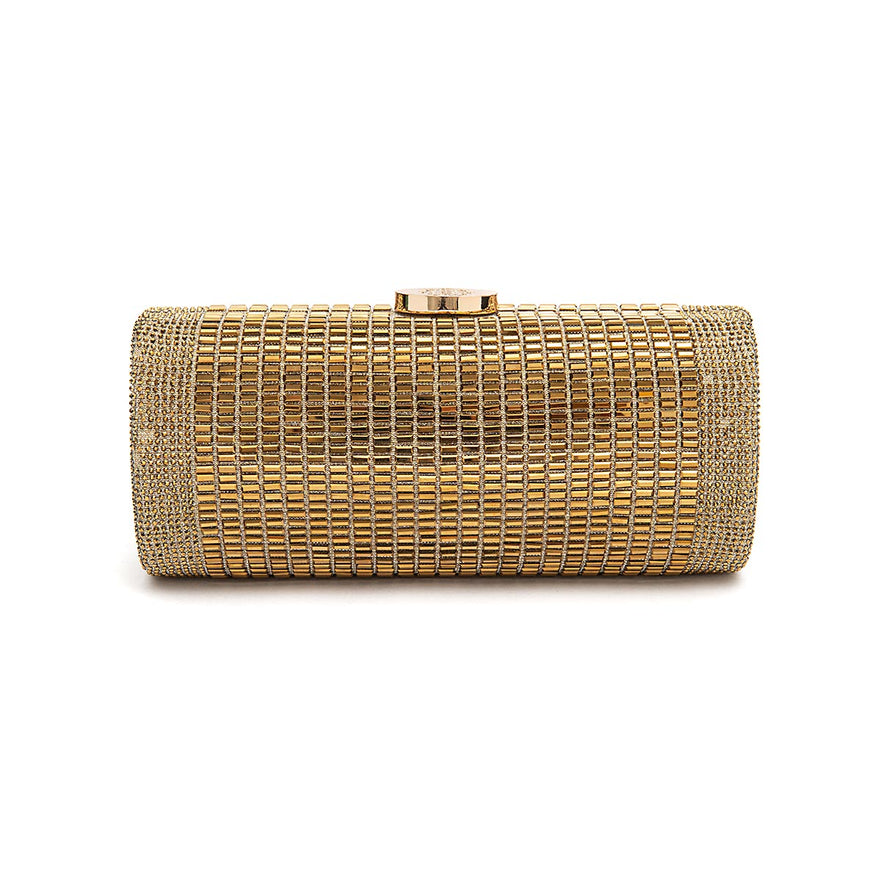BOLSA CLUTCH CILÍNDRICA MÉDIA DE CRISTAIS OURO