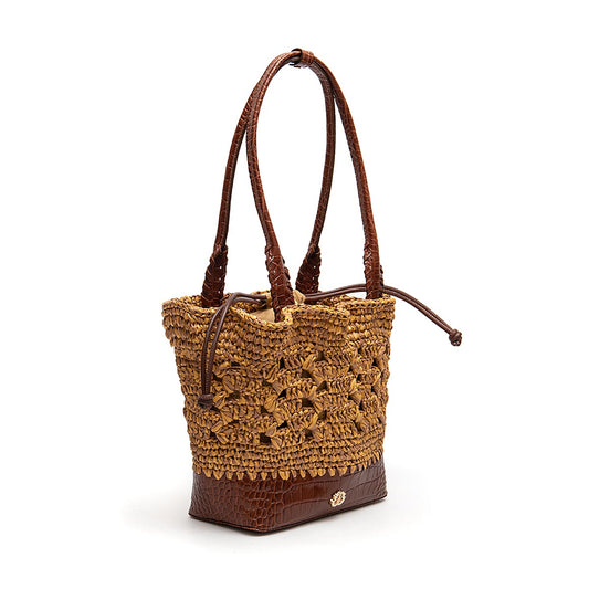 BOLSA BASKET CAMELLIA CROCHÊ OURO CASTANHO SOLAR