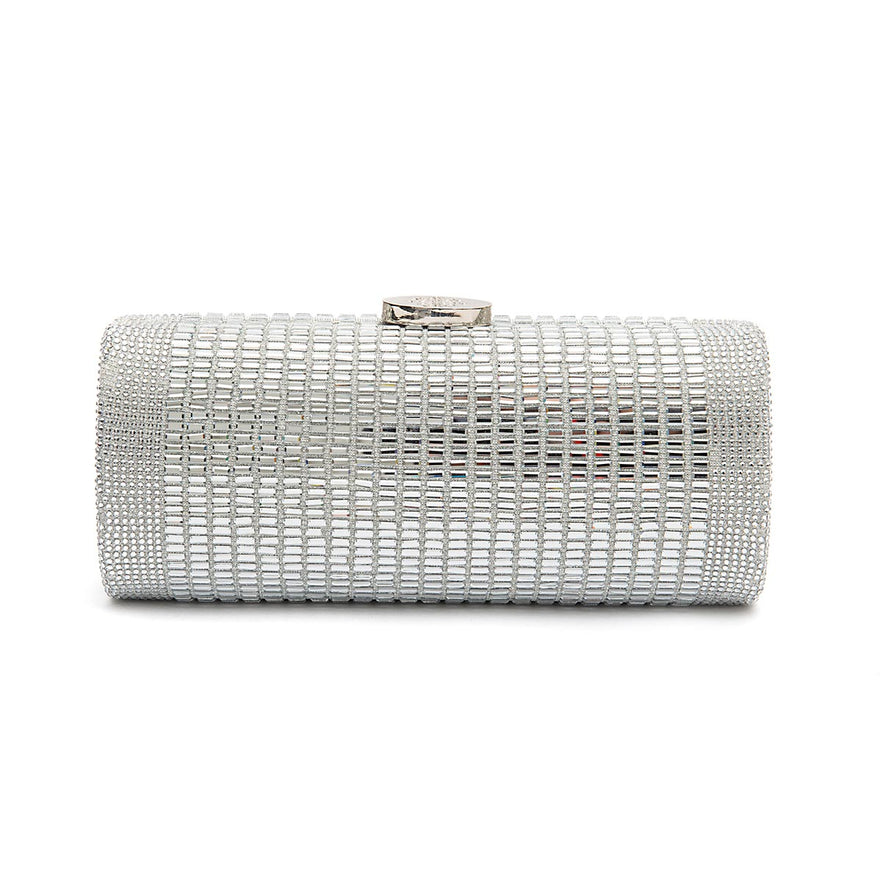 BOLSA CLUTCH CILÍNDRICA MEDIA DE CRISTAIS PRATA