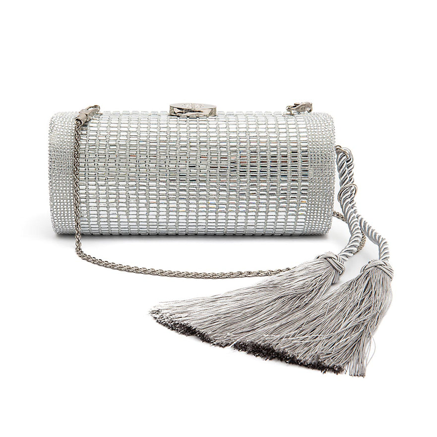 BOLSA CLUTCH CILÍNDRICA MEDIA DE CRISTAIS PRATA