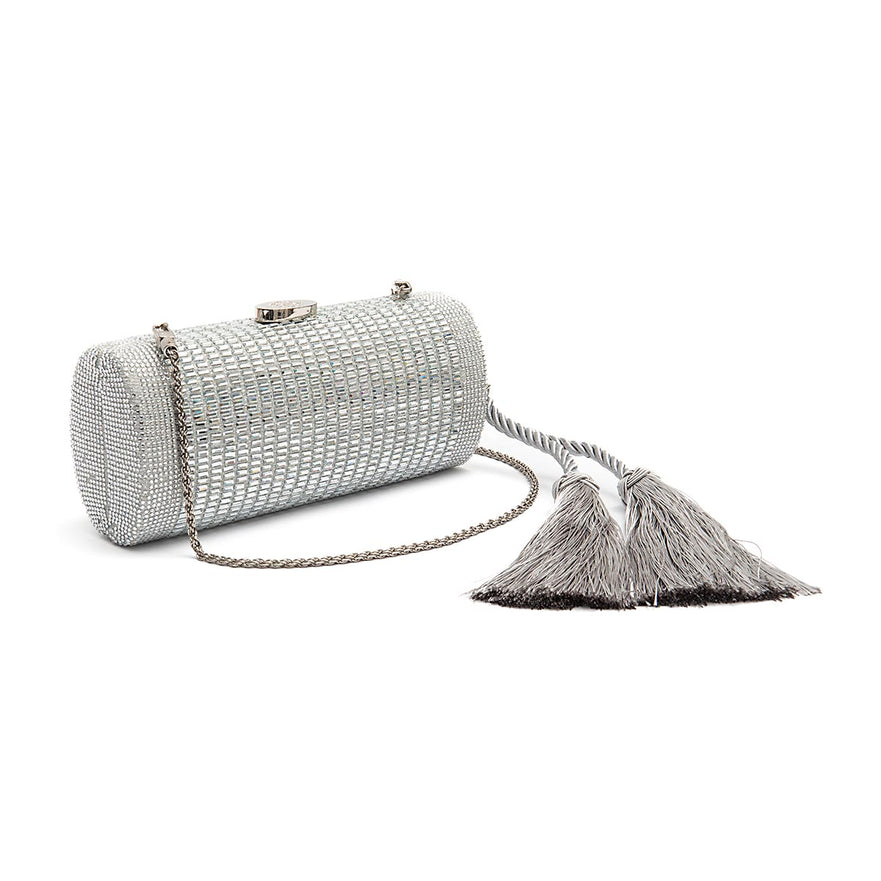 BOLSA CLUTCH CILÍNDRICA MEDIA DE CRISTAIS PRATA