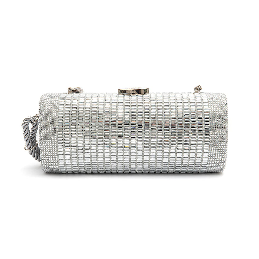 BOLSA CLUTCH CILÍNDRICA MEDIA DE CRISTAIS PRATA