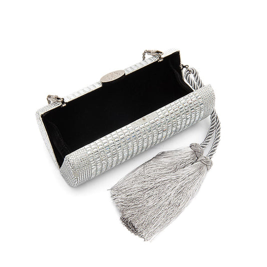BOLSA CLUTCH CILÍNDRICA MEDIA DE CRISTAIS PRATA