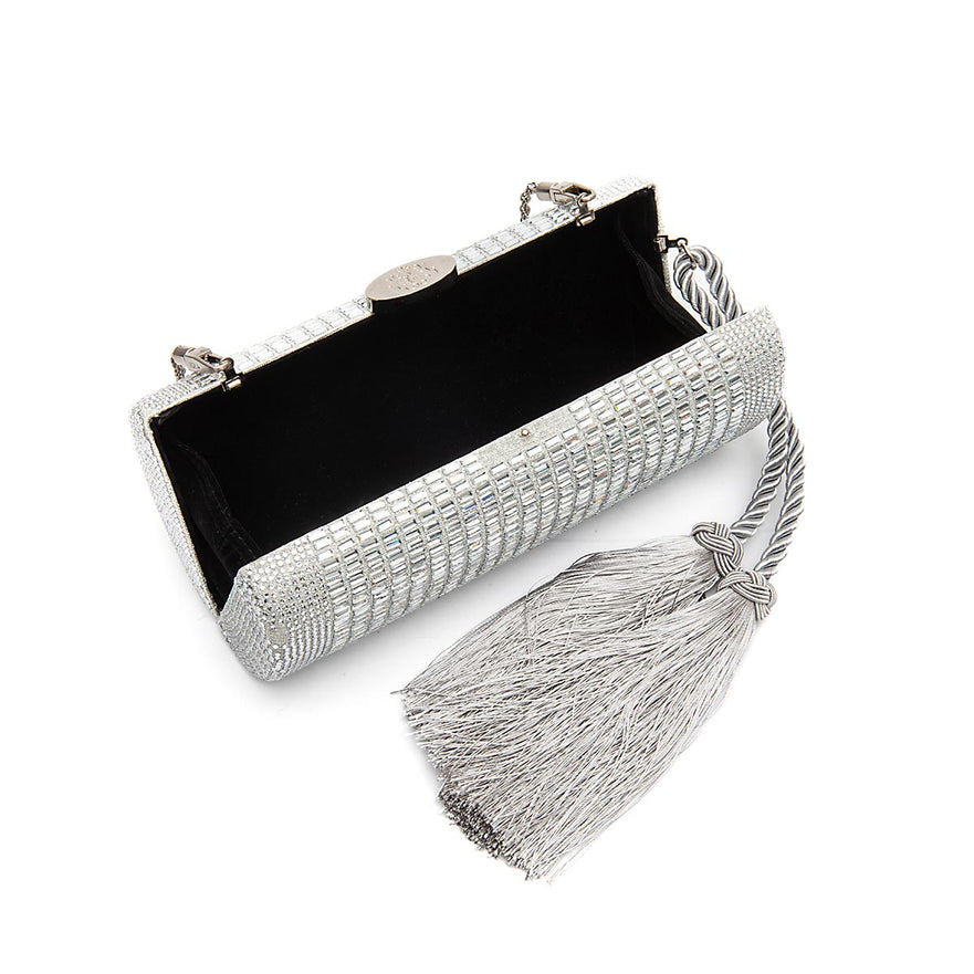 BOLSA CLUTCH CILÍNDRICA MEDIA DE CRISTAIS PRATA