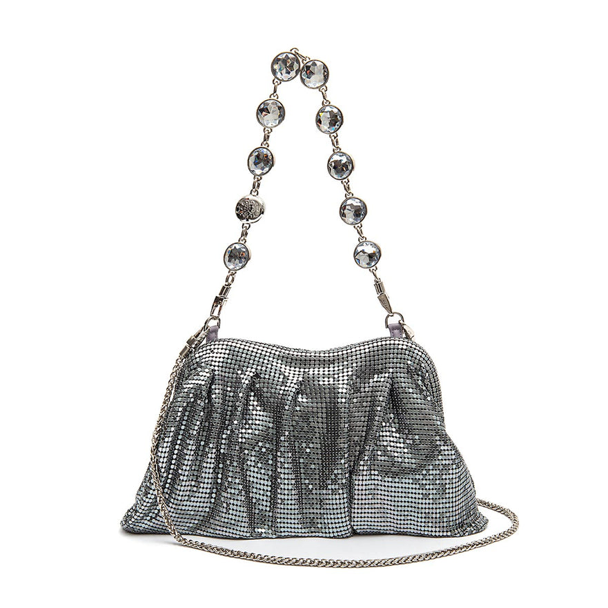 BOLSA POUCH  PEQUENA EM MALHA METÁLICA SHOULDER DE CRISTAIS