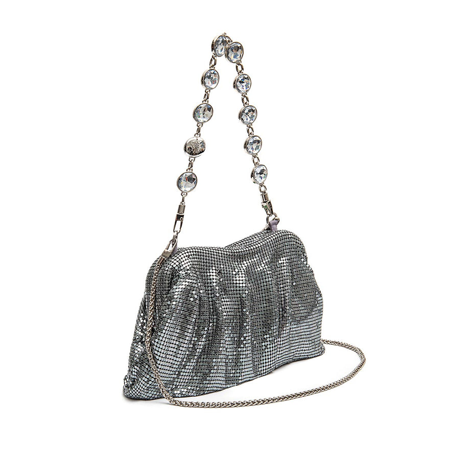 BOLSA POUCH  PEQUENA EM MALHA METÁLICA SHOULDER DE CRISTAIS