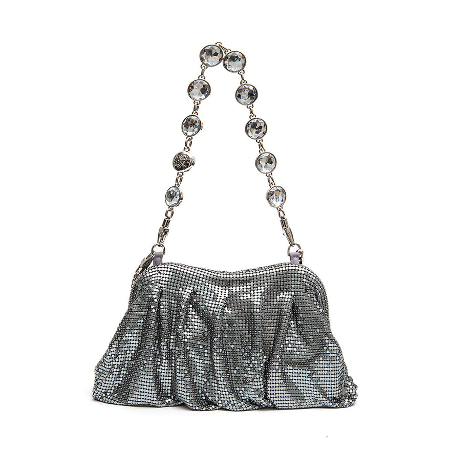 BOLSA POUCH  PEQUENA EM MALHA METÁLICA SHOULDER DE CRISTAIS