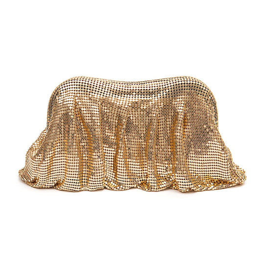 BOLSA POUCH MALHA METÁLICA SHOULDER DE CRISTAIS OURO