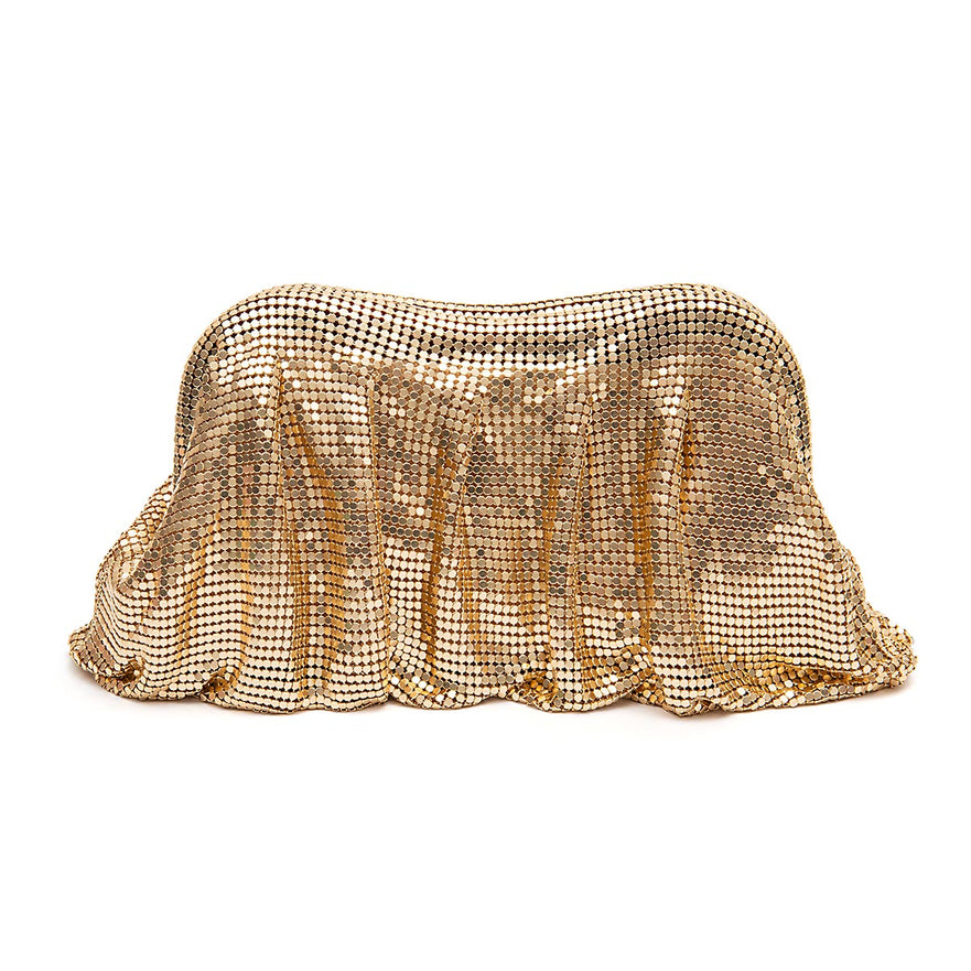BOLSA POUCH MALHA METÁLICA SHOULDER DE CRISTAIS OURO