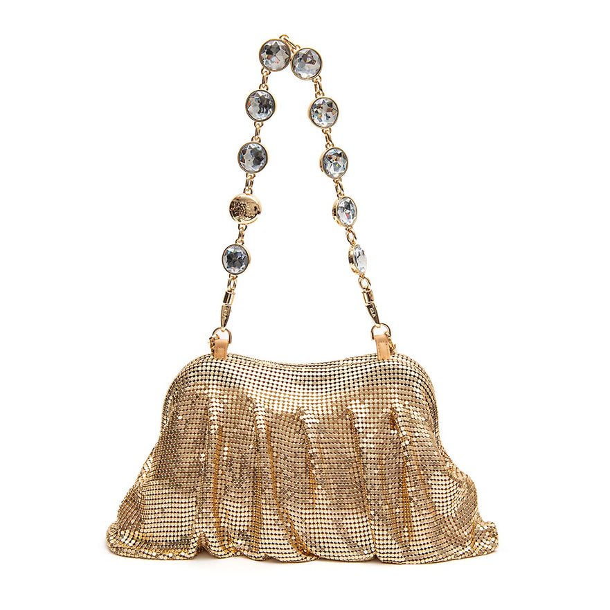 BOLSA POUCH MALHA METÁLICA SHOULDER DE CRISTAIS OURO
