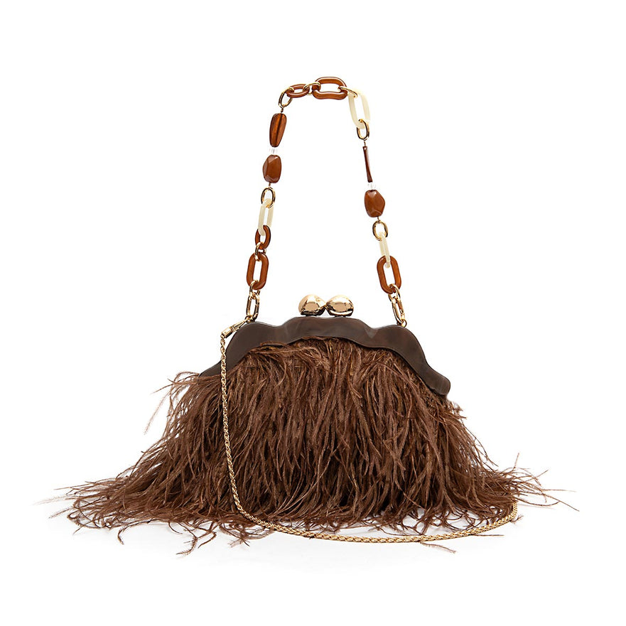 BOLSA POUCH PEQUENA  DE PLUMAS MASCAVO
