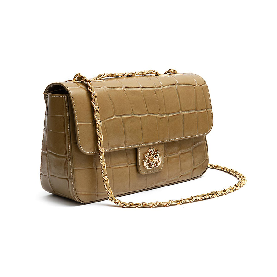 BOLSA BAGUETE ANNE JUMBO COURO CAIMAN AZEITE