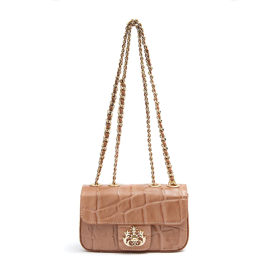 BOLSA  BAGUETE ANNE MINI COURO CAIMAM ARGILA OURO