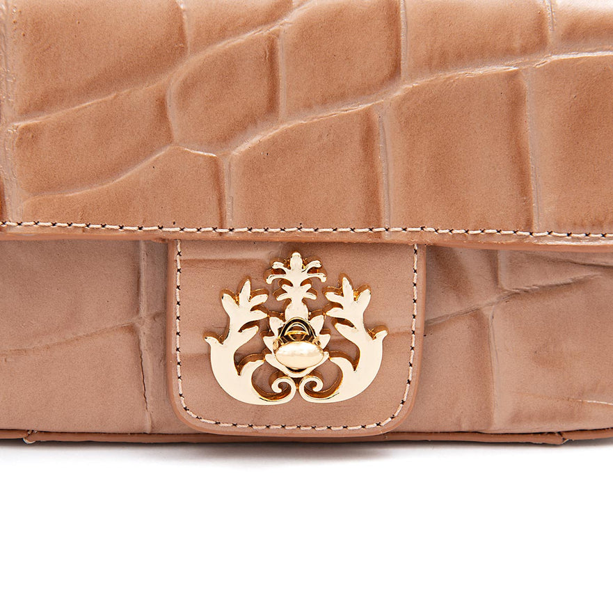 BOLSA  BAGUETE ANNE MINI COURO CAIMAM ARGILA OURO