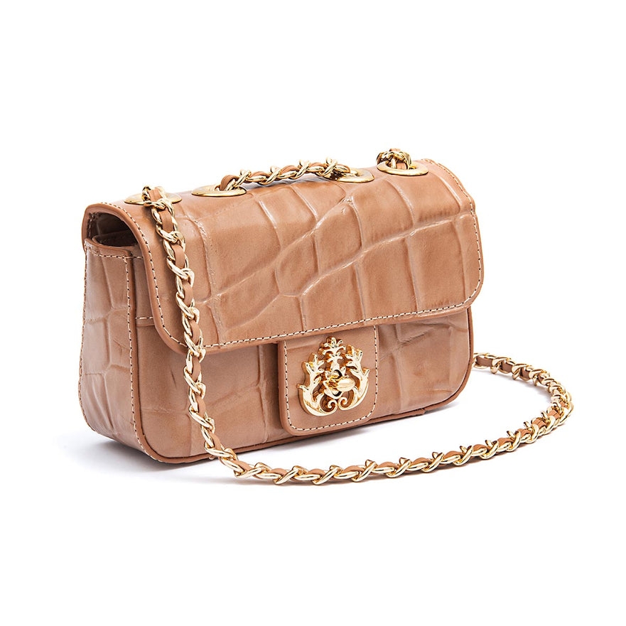 BOLSA  BAGUETE ANNE MINI COURO CAIMAM ARGILA OURO