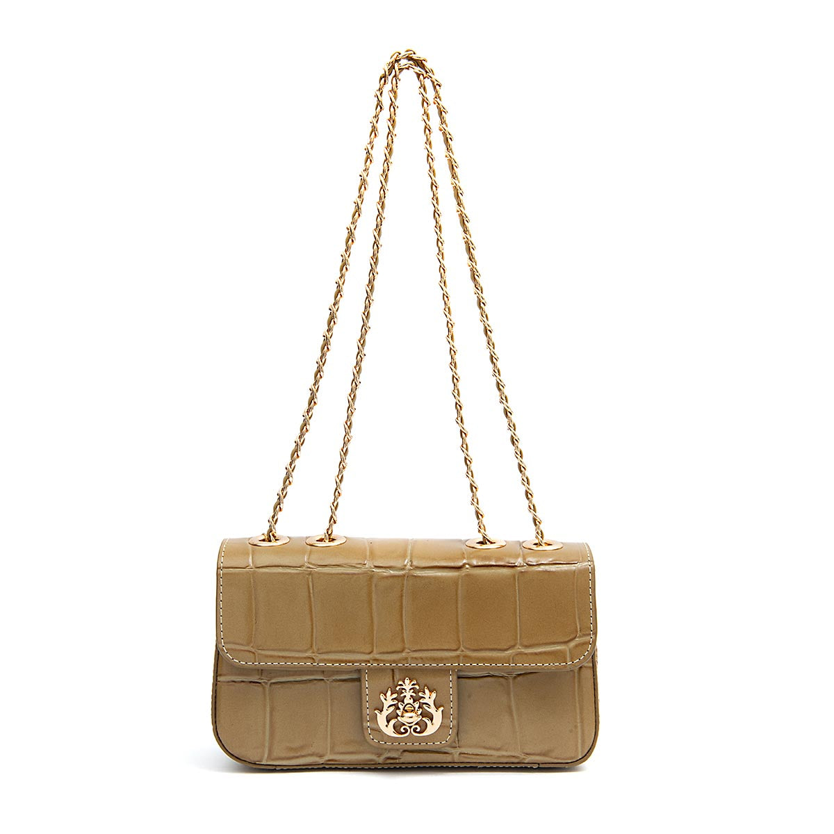 BOLSA BAGUETE ANNE PEQUENA COURO CAIMAN AZEITE OURO