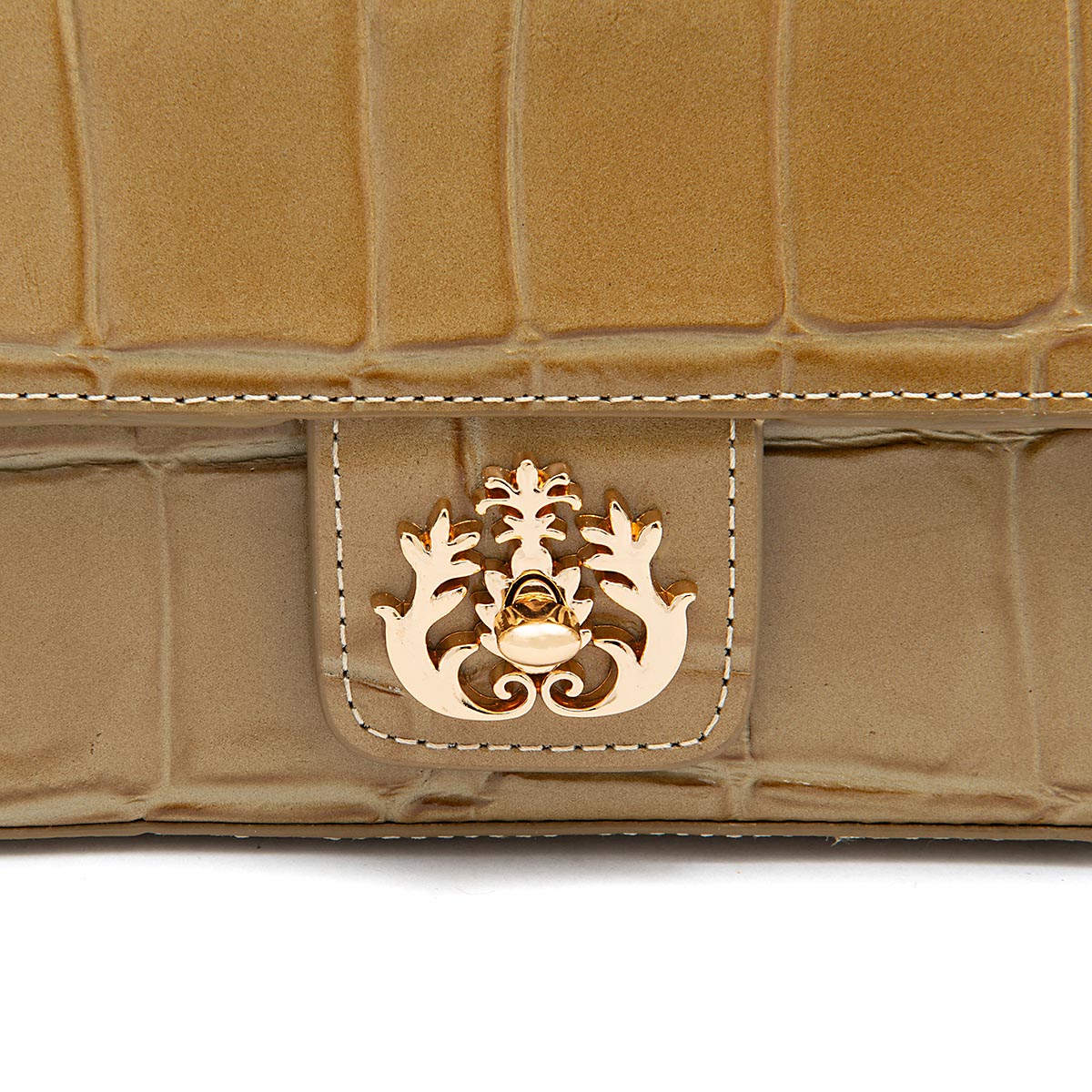 BOLSA BAGUETE ANNE PEQUENA COURO CAIMAN AZEITE OURO