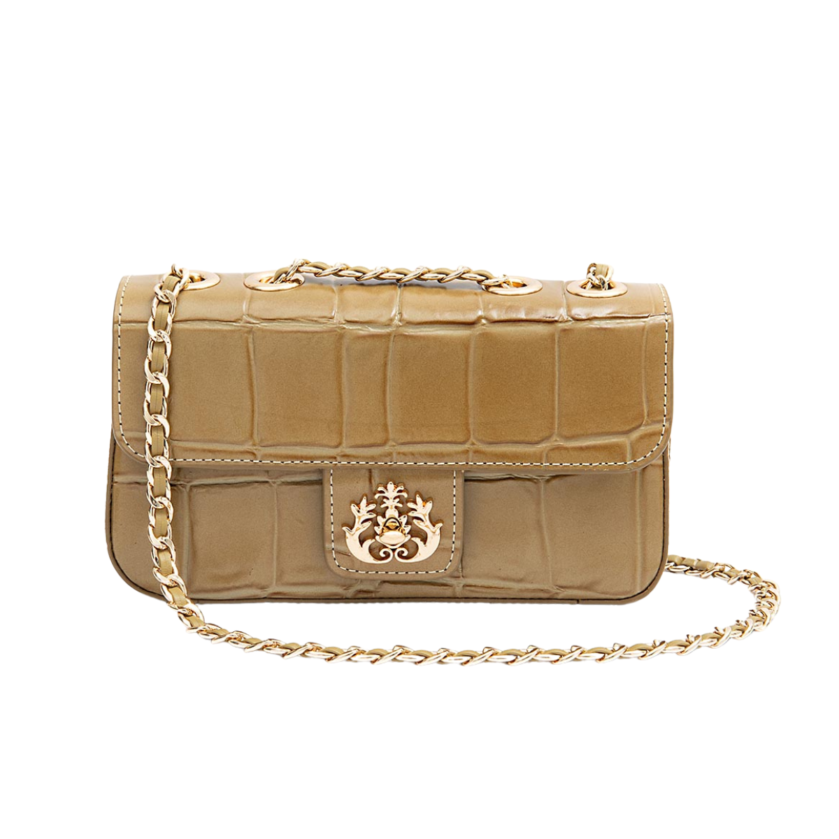 BOLSA BAGUETE ANNE PEQUENA COURO CAIMAN AZEITE OURO