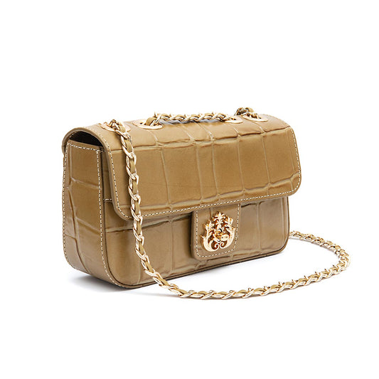 BOLSA BAGUETE ANNE PEQUENA COURO CAIMAN AZEITE OURO